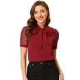 thumbnail image 1 of DARING DIVA V Neck Stand Collar Short Mesh Sleeve Blouse XS Burgundy, 1 of 6