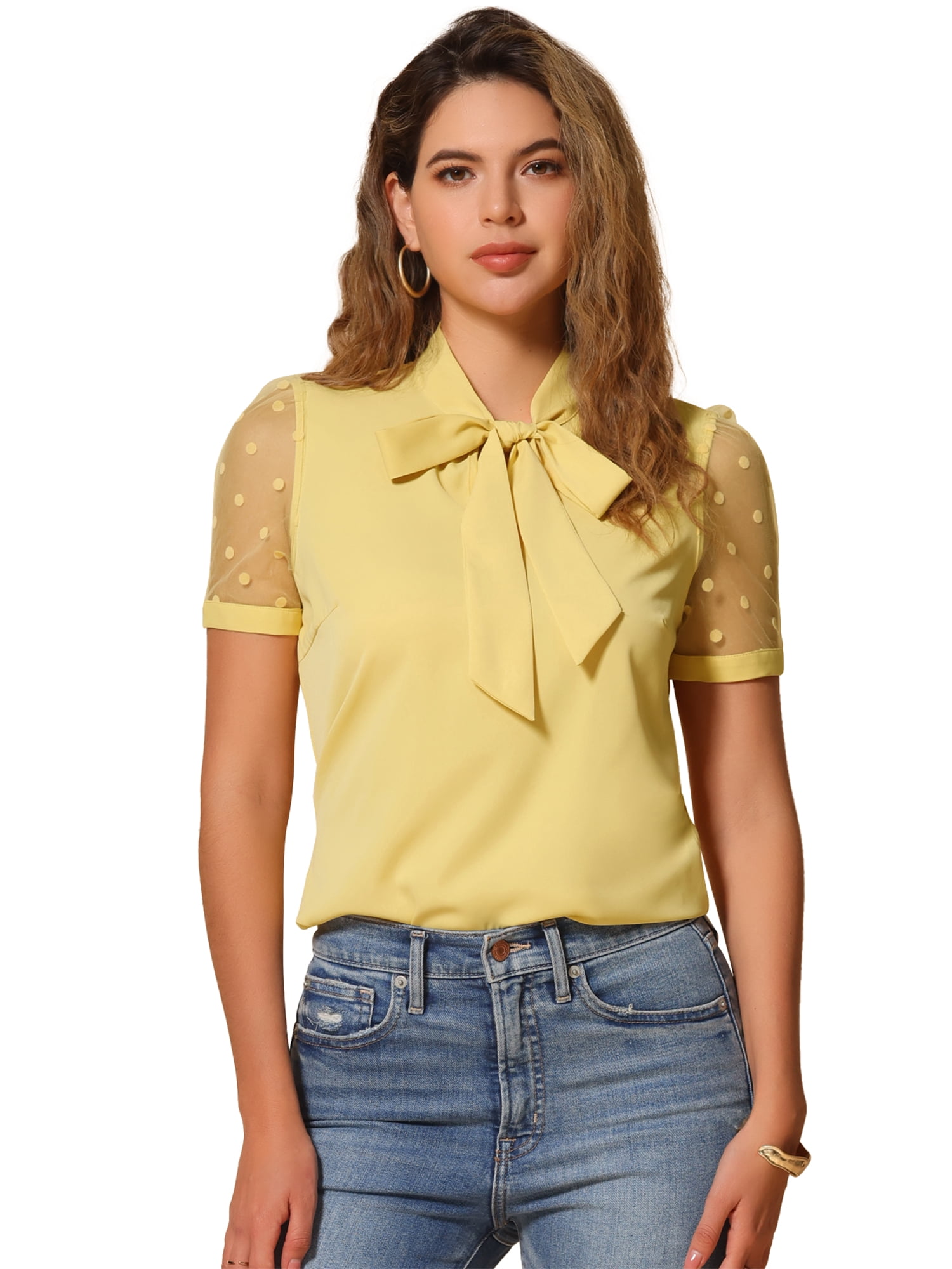 DARING DIVA V Neck Stand Collar Short Mesh Sleeve Blouse XS Yellow
