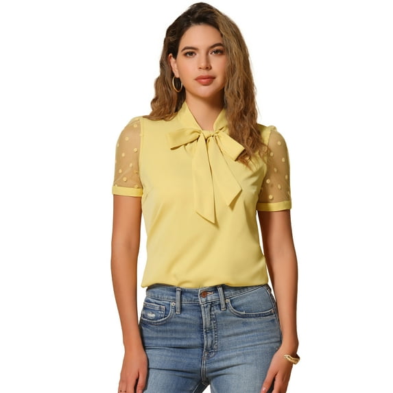 DARING DIVA V Neck Stand Collar Short Sleeve Blouse L Yellow