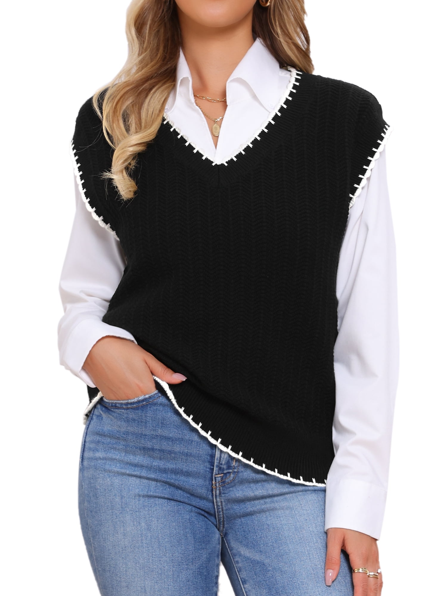 DARING DIVA V Neck Sweater Vest Fall Winter Pullover Tops M Black