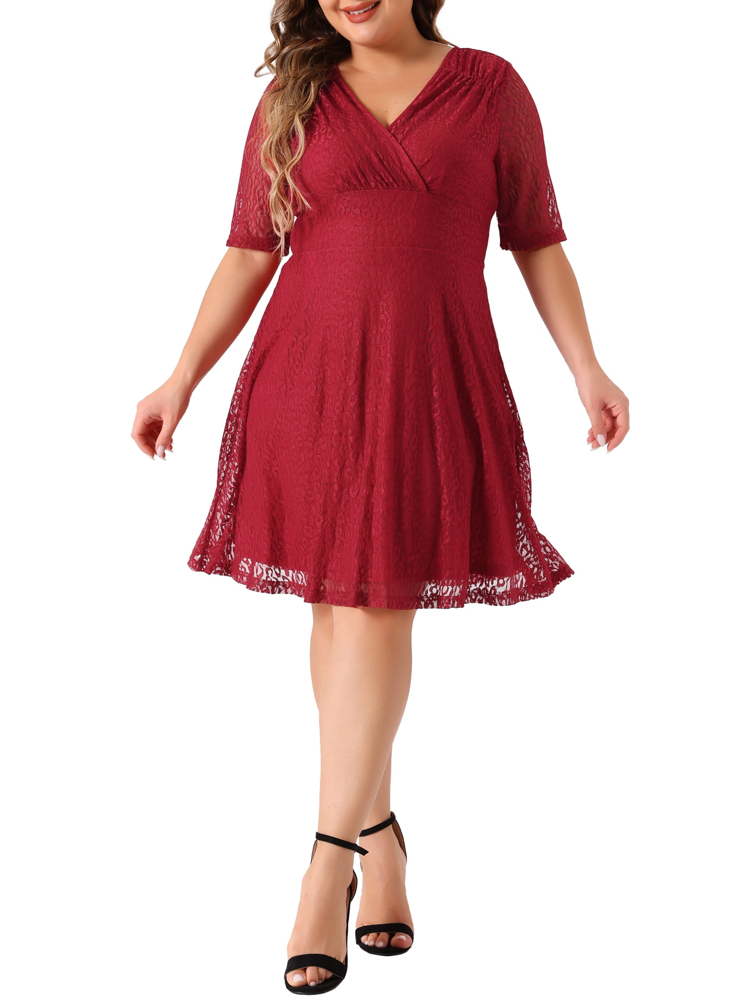 DARING DIVA V Neck Swing A-Line Cocktail Wedding Midi Lace Dress 1X Red