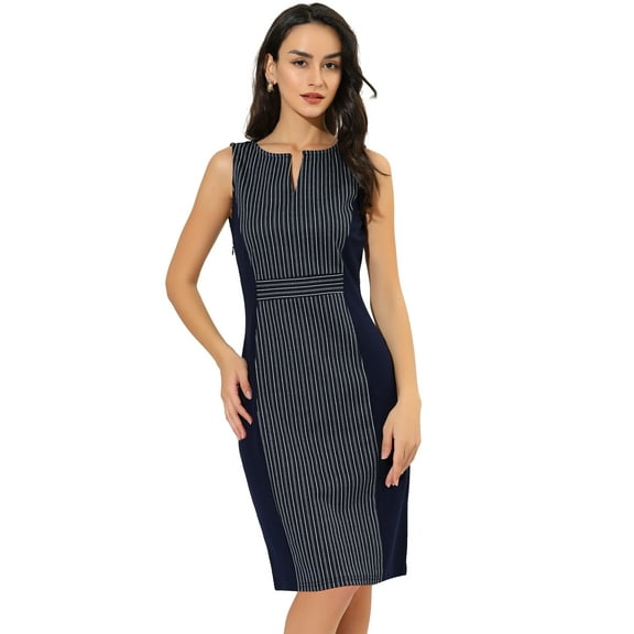 DARING DIVA V Neck Work Sleeveless Bodycon Mid-Length Pencil Dress S Blue