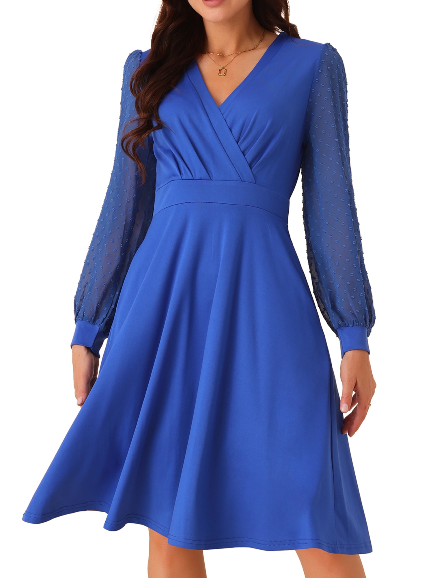 DARING DIVA V Neck Wrap Swiss Dots Lantern Sleeve Midi Swing Dress M Royal Blue
