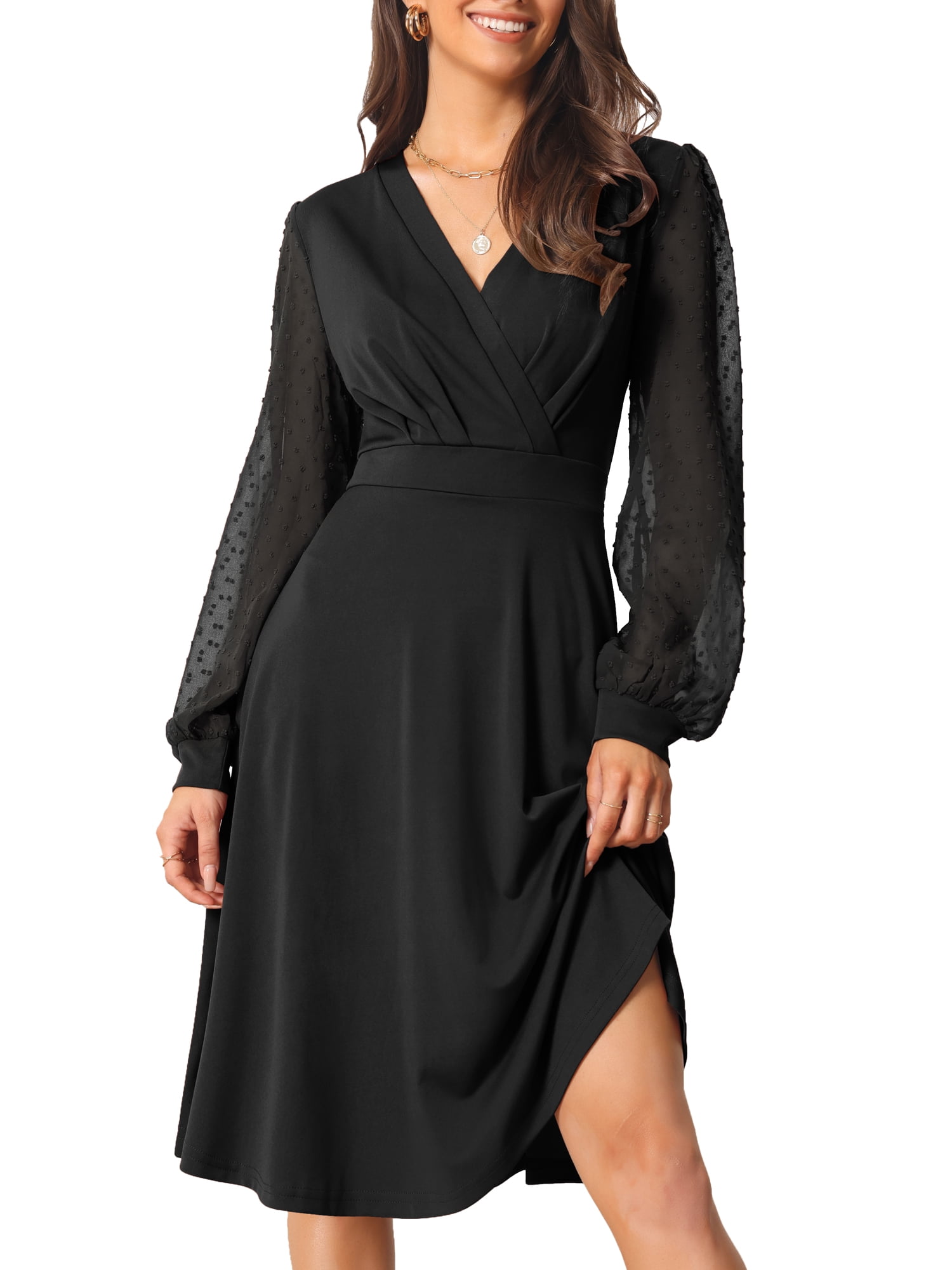 DARING DIVA V Neck Wrap Swiss Dots Lantern Sleeve Midi Swing Dress S Black