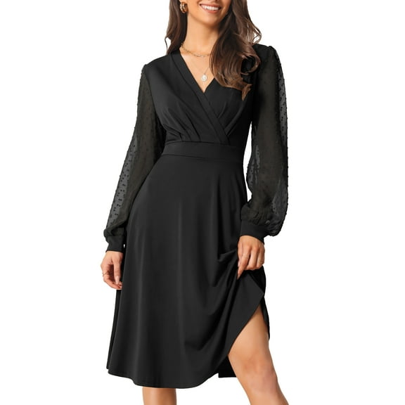 DARING DIVA V Neck Wrap Swiss Dots Lantern Sleeve Midi Swing Dress S Black