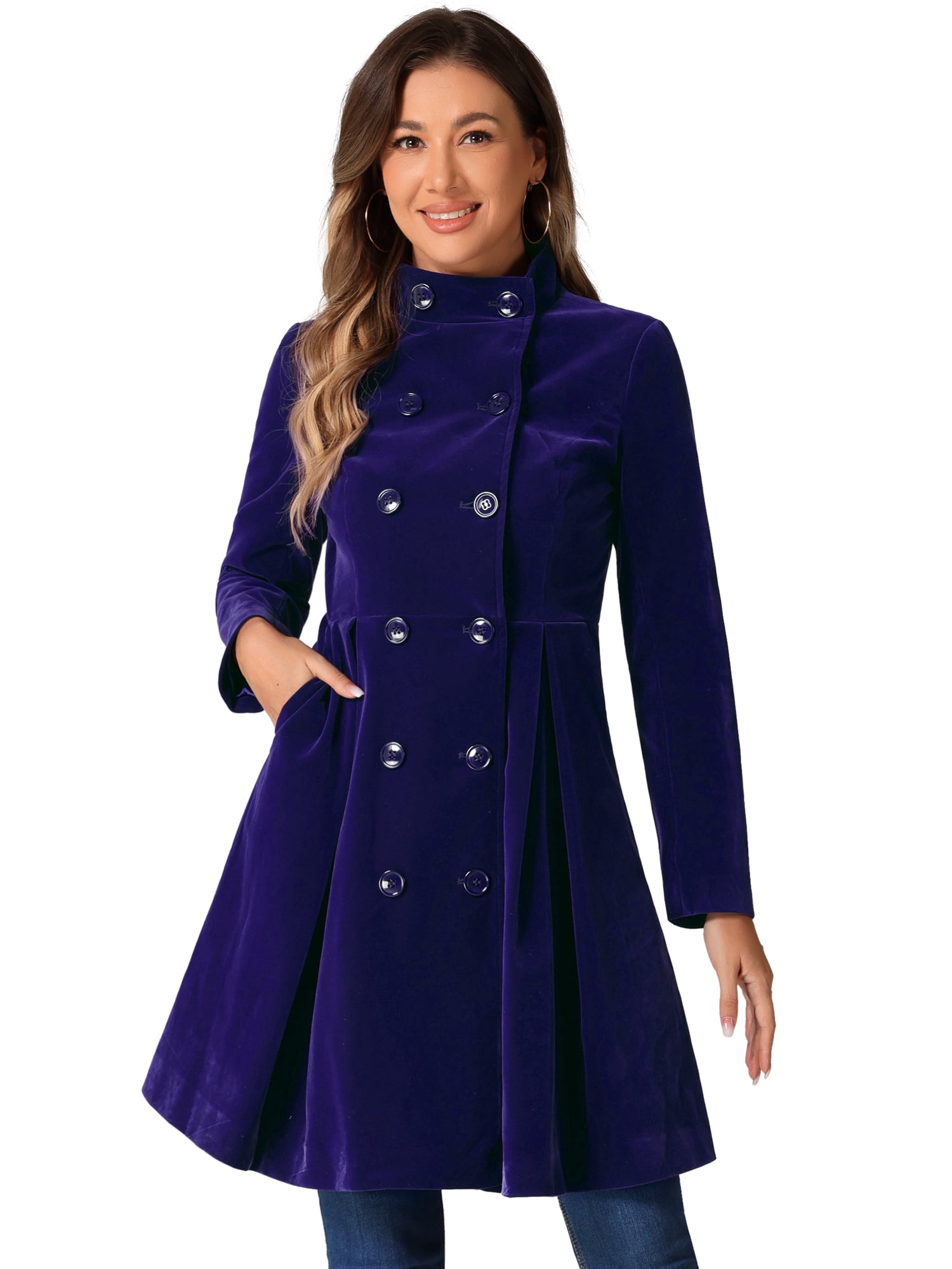 DARING DIVA Velvet A-Line Stand Collar Double Breasted Trench Coats L Dark Blue
