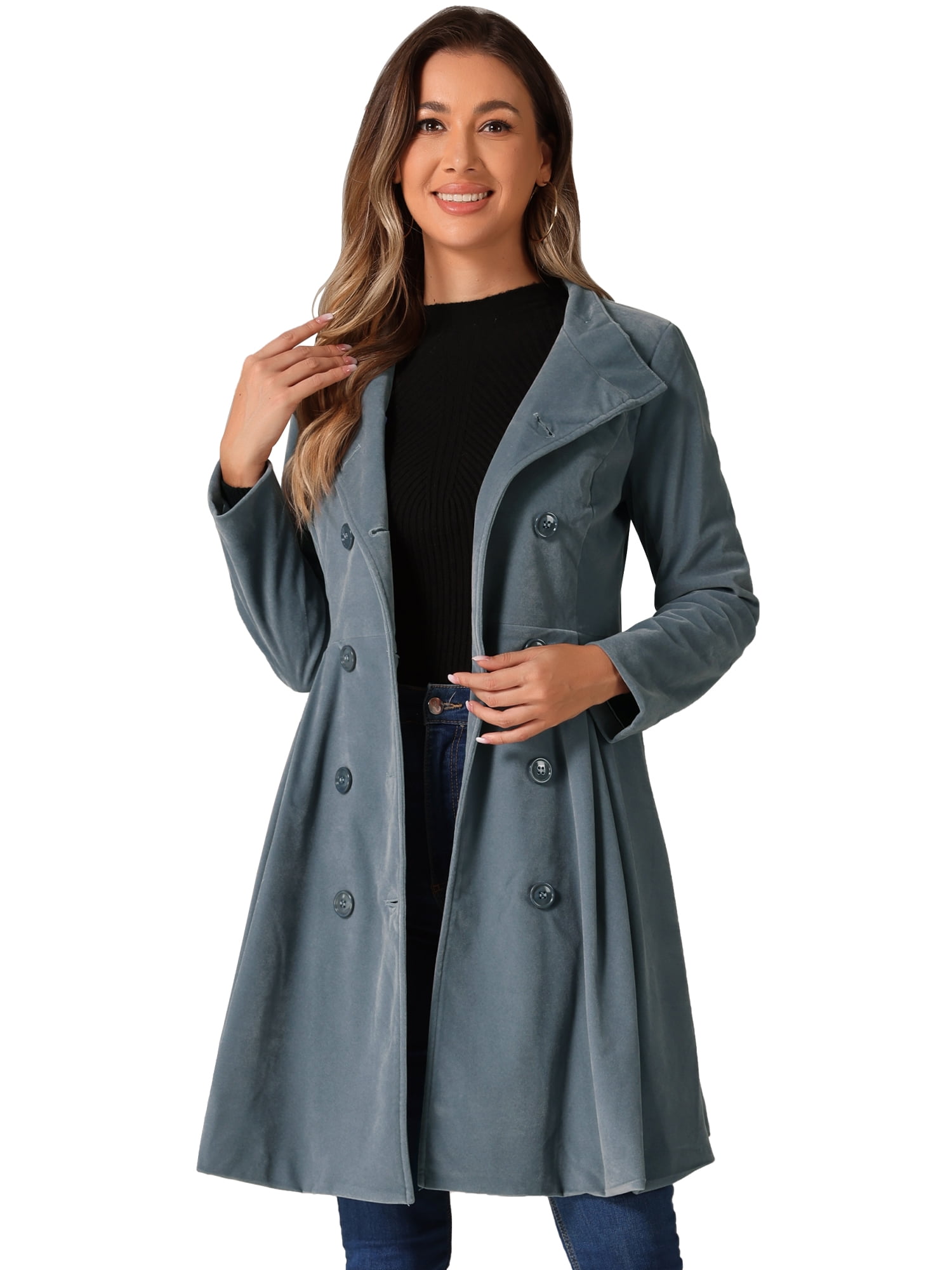 DARING DIVA Velvet A-Line Stand Collar Double Breasted Trench Coats M Cadet Gray