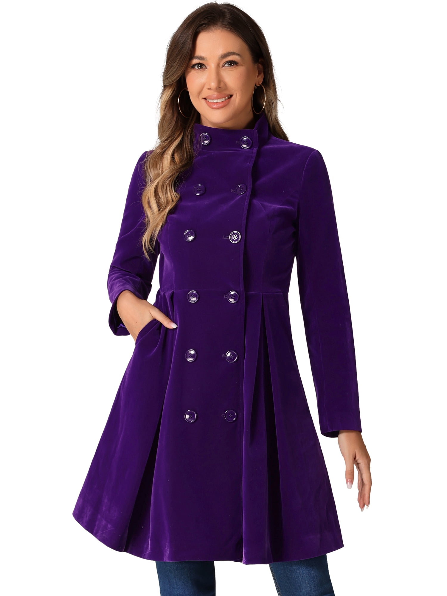 DARING DIVA Velvet A-Line Stand Collar Double Breasted Trench Coats M Dark Purple