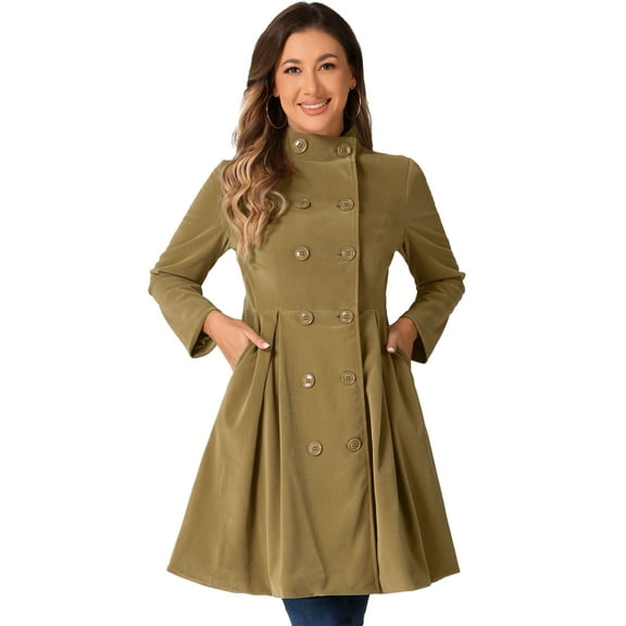 DARING DIVA Velvet A-Line Stand Collar Double Breasted Trench Coats S Khaki
