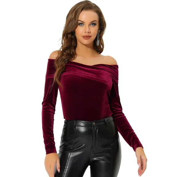 DARING DIVA Velvet Off Shoulder Long Sleeve Tops Dark L Burgundy