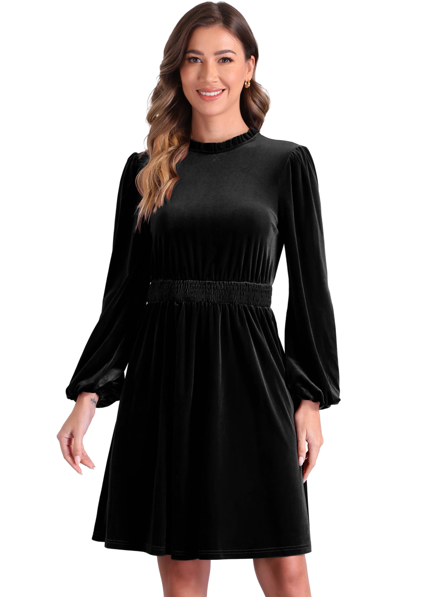 DARING DIVA Velvet Smocked Waistline Wedding Guest Dress L Black