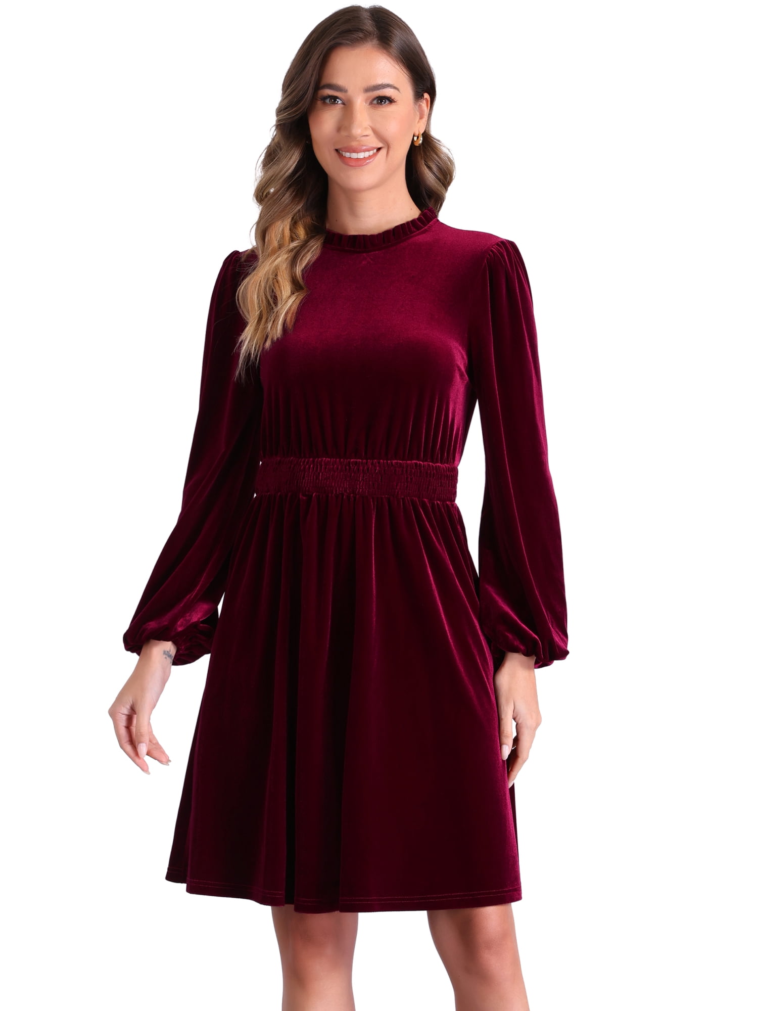 DARING DIVA Velvet Smocked Waistline Wedding Guest Dress L Red