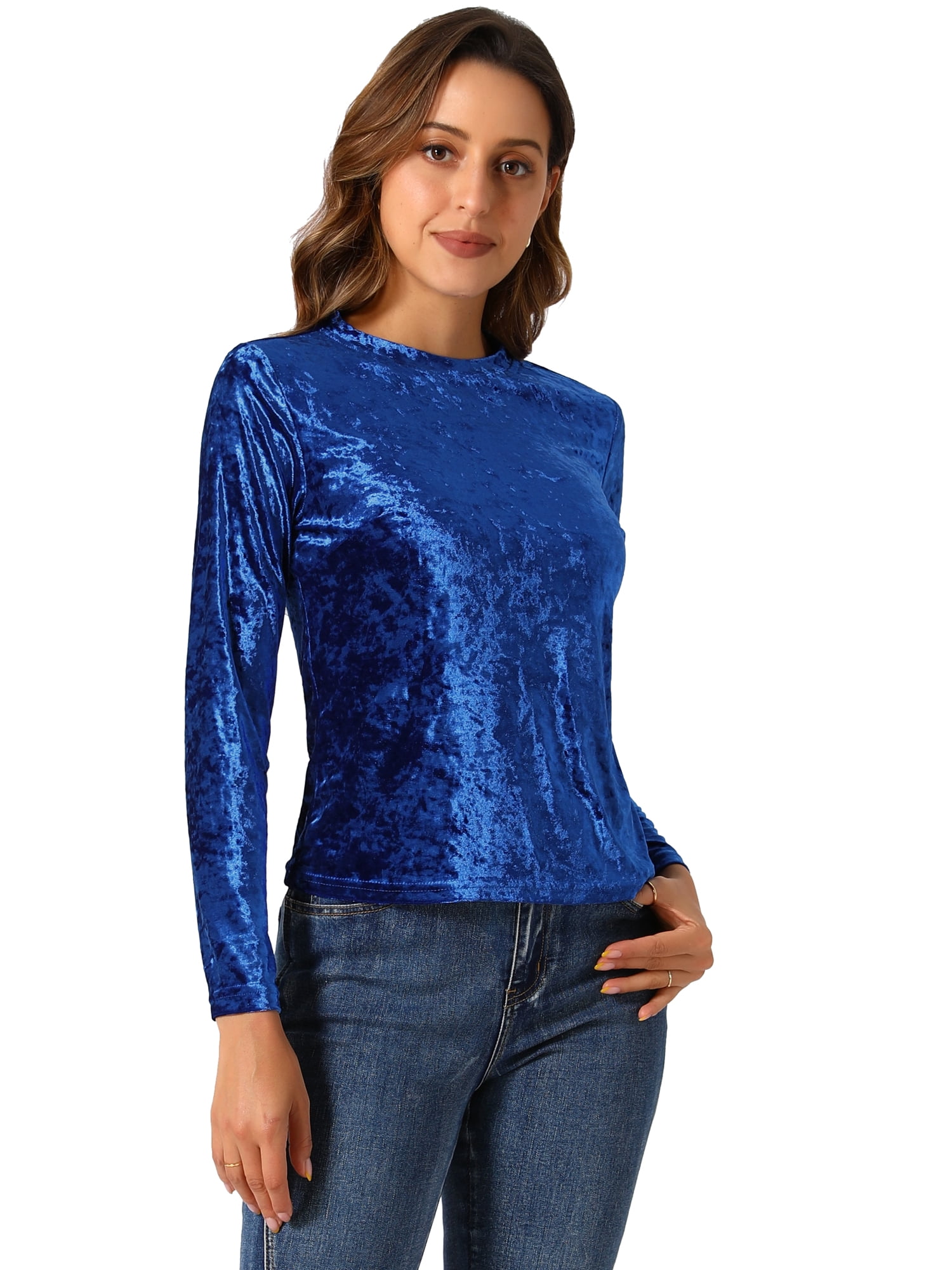 DARING DIVA Velvet Tops Round Neck Casual T-Shirt S Royal Blue