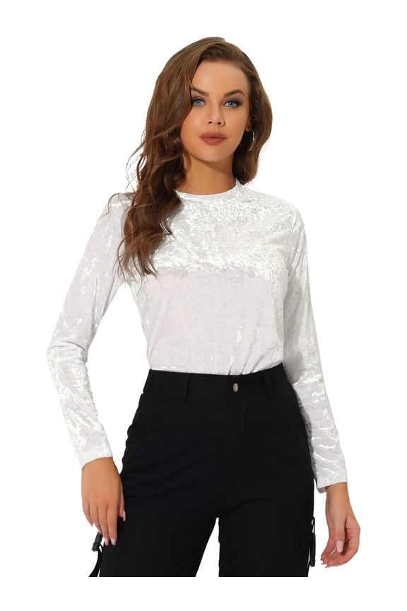 Velvet Tops Round Neck Casual T-Shirt S White