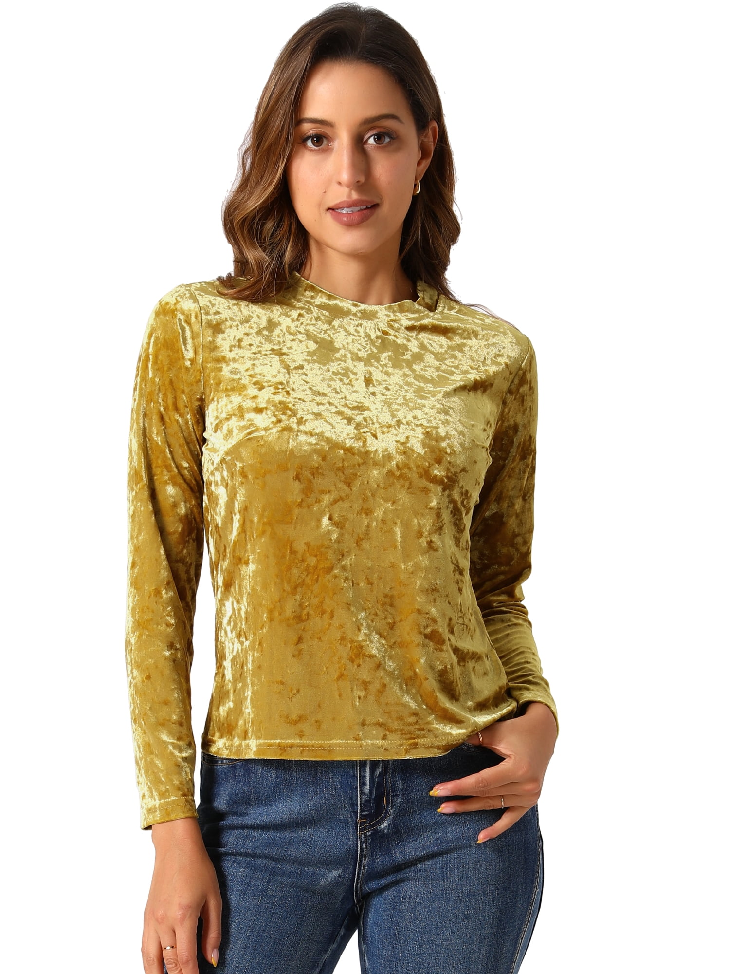 DARING DIVA Velvet Tops Round Neck Casual T-Shirt S Yellow