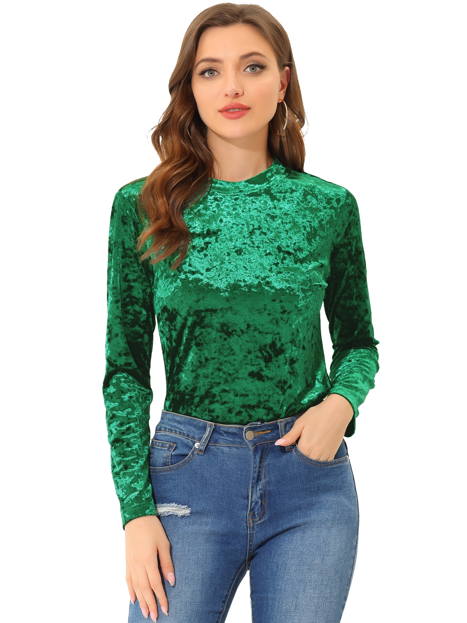 DARING DIVA Velvet Tops Round Neck Casual T-Shirt XL Green