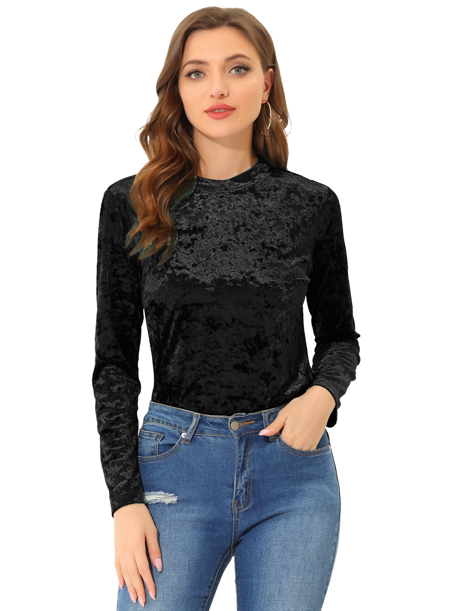 DARING DIVA Velvet Tops Round Neck Casual T-Shirt XS Black