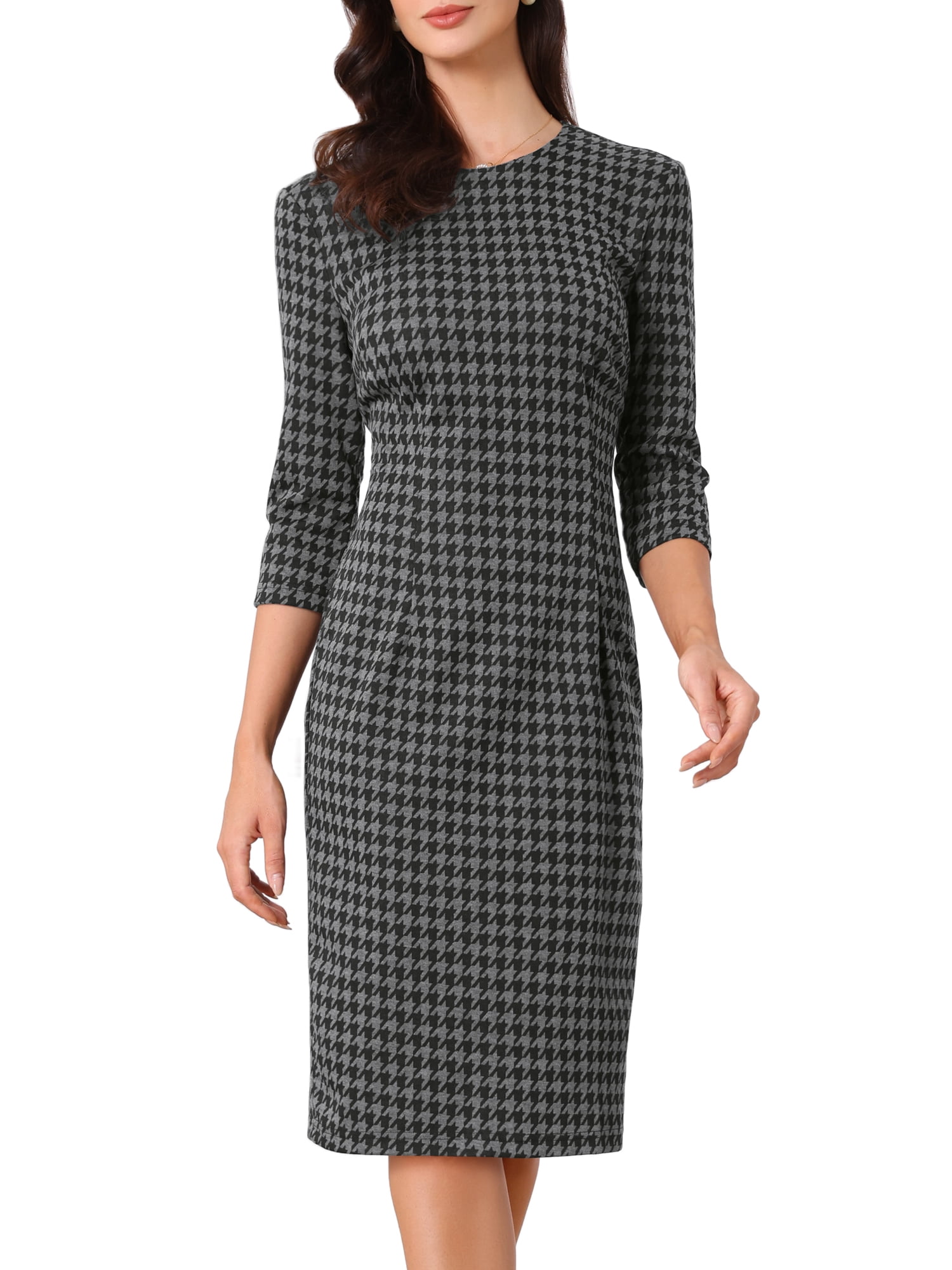 DARING DIVA Vintage Houndstooth 3/4 Sleeve Bodycon Dress M Dark Grey