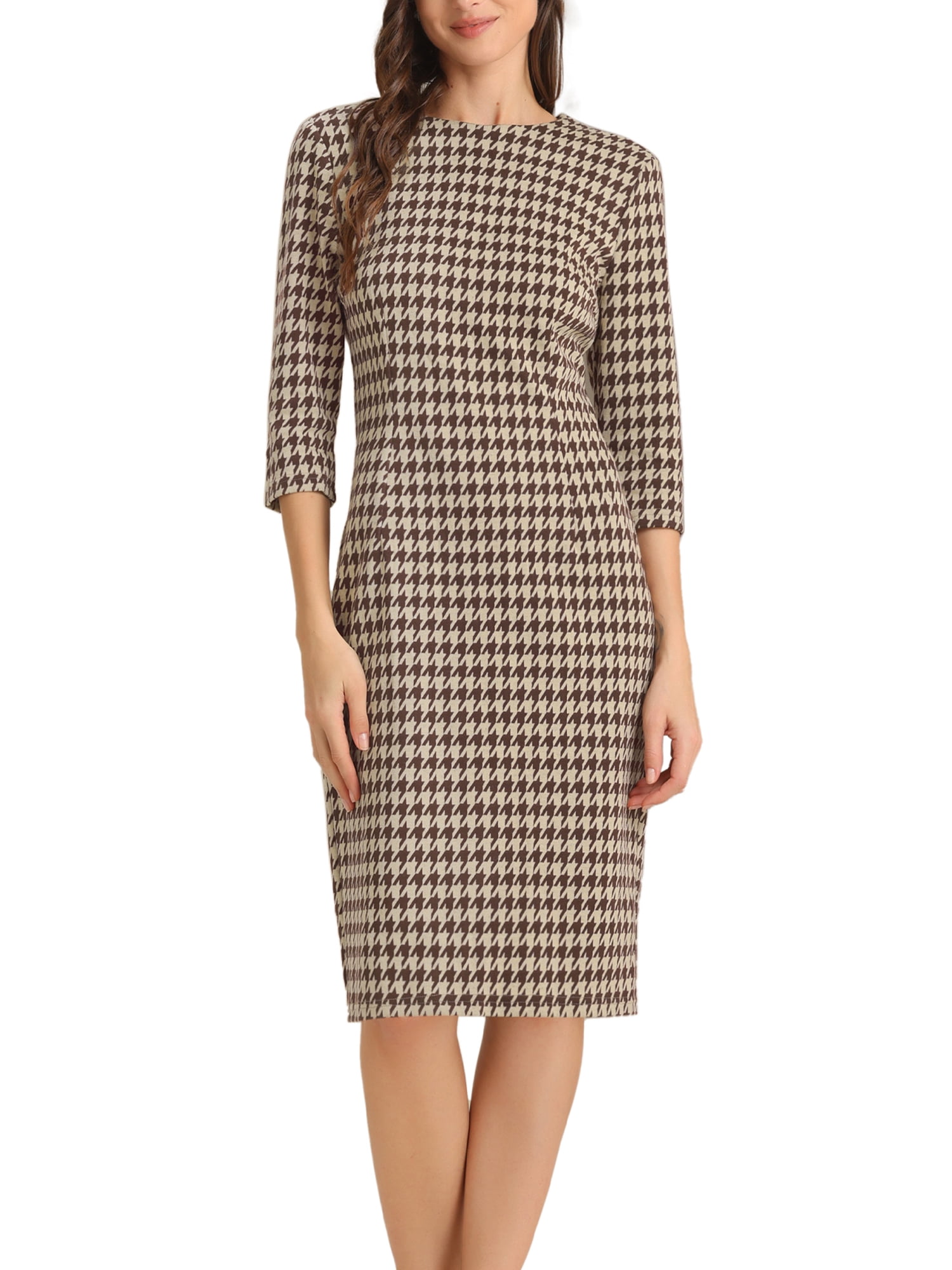 DARING DIVA Vintage Houndstooth 3/4 Sleeve Bodycon Dress S Brown