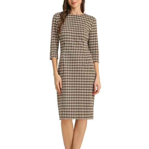 DARING DIVA Vintage Houndstooth 3/4 Sleeve Bodycon Dress XL Brown