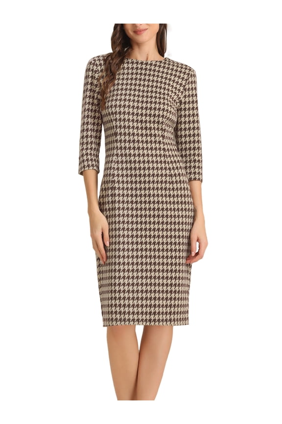 Vintage Houndstooth 3/4 Sleeve Bodycon Dress XL Brown