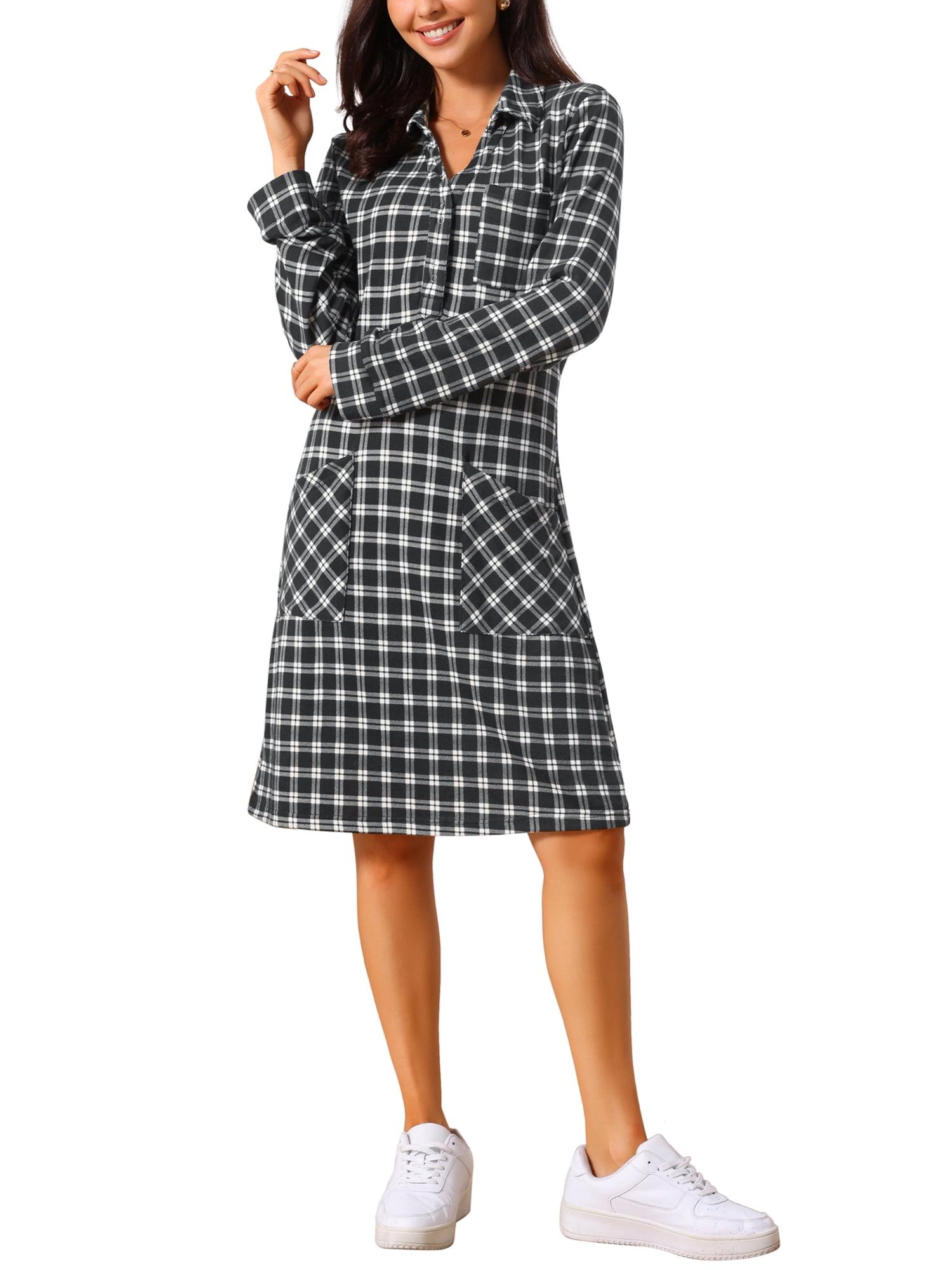 DARING DIVA Women's Vintage Plaid Long Sleeve Casual Knee Length Dress L Black