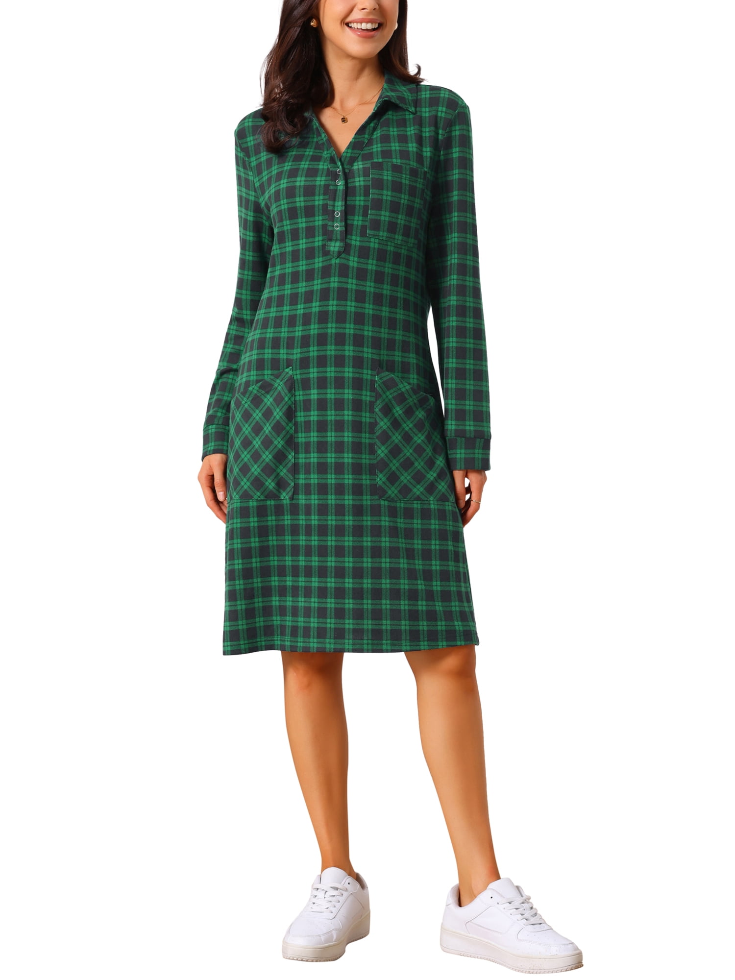 DARING DIVA Women's Vintage Plaid Long Sleeve Casual Knee Length Dress M Dark Green