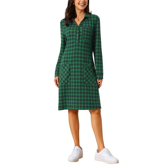 DARING DIVA Women's Vintage Plaid Long Sleeve Casual Knee Length Dress M Dark Green