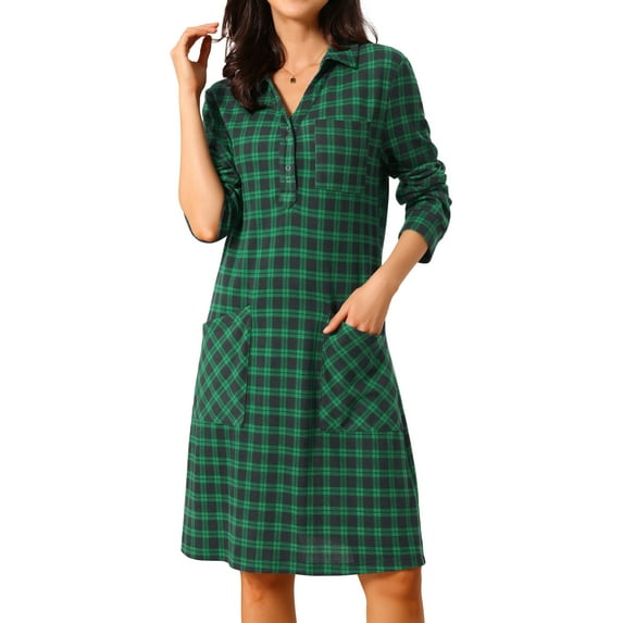DARING DIVA Vintage Plaid Long Sleeve Check Knee Length Shirt Dress M Dark Green