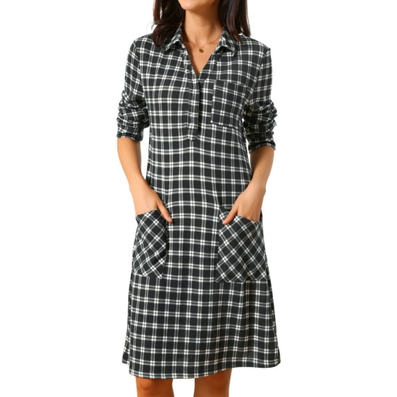 DARING DIVA Vintage Plaid Long Sleeve Check Knee Length Shirt Dress S Black