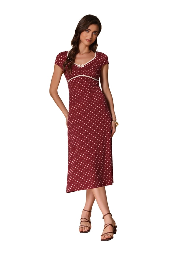 Vintage Retro Classic Cap Sleeve Midi Polka Dot Dress L Wine Red