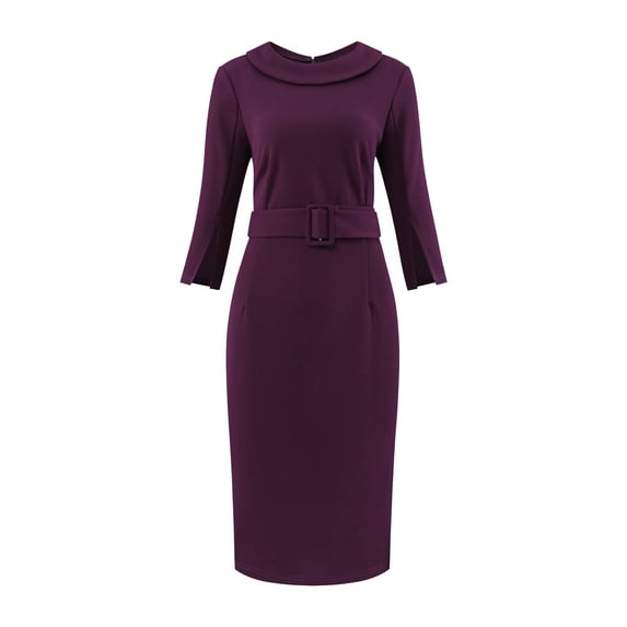 DARING DIVA Vintage Sheath Half Sleeve Collared Pencil Dress S Purple