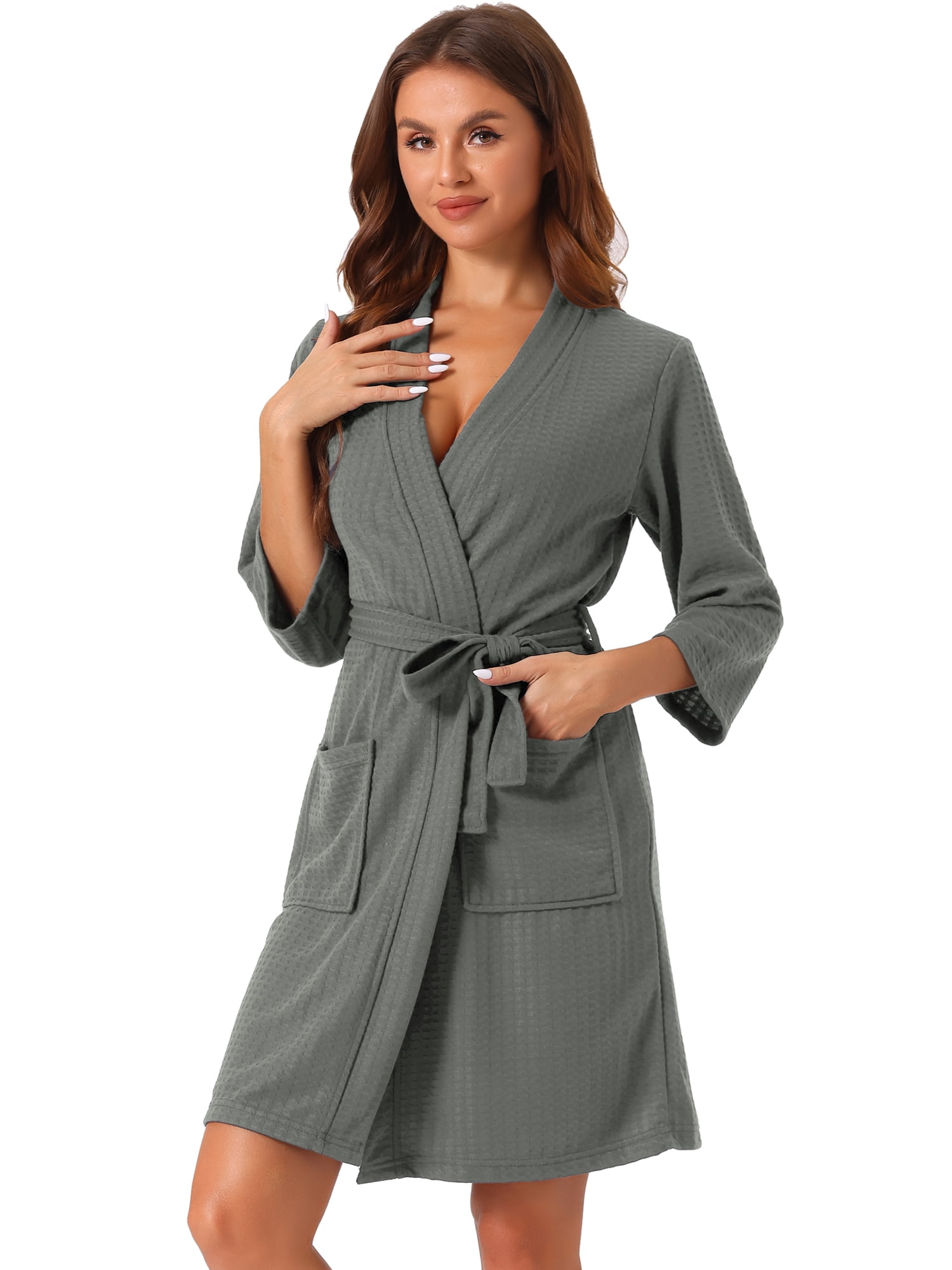 DARING DIVA Women's Waffle Bathrobe Soft Kimono Spa & Bath Mid-Length Robes L Grey