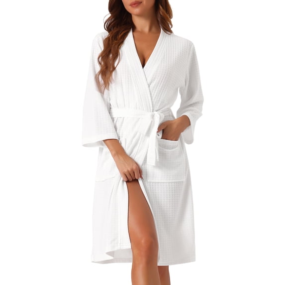 DARING DIVA Women's Waffle Bathrobe Soft Kimono Spa & Bath Mid-Length Robes L White