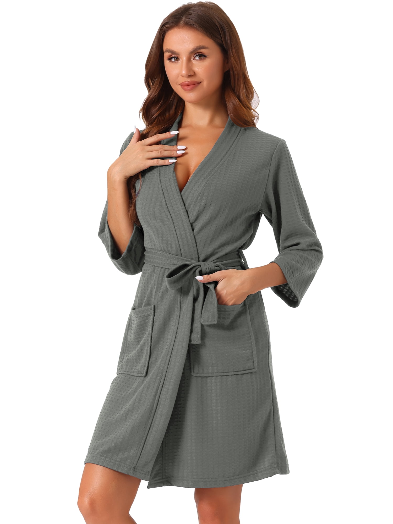 DARING DIVA Women's Waffle Bathrobe Soft Kimono Spa & Bath Mid-Length Robes M Grey