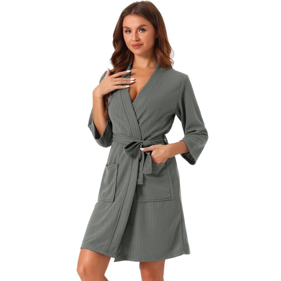 DARING DIVA Women's Waffle Bathrobe Soft Kimono Spa & Bath Mid-Length Robes M Grey