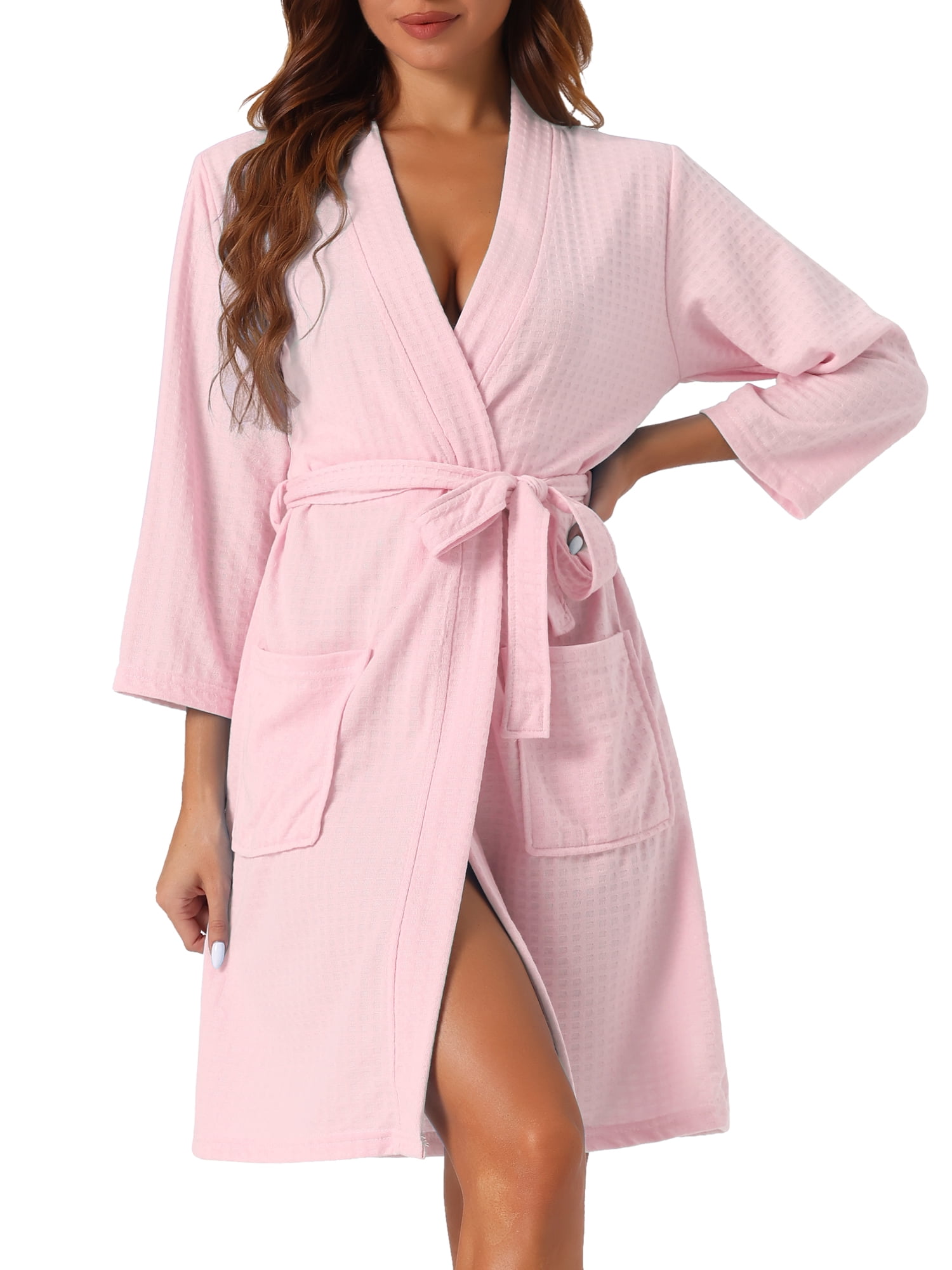 DARING DIVA Women's Waffle Bathrobe Soft Kimono Spa & Bath Mid-Length Robes S Pink