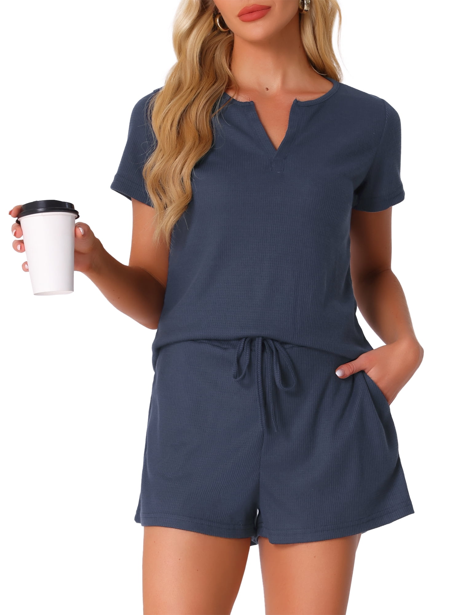 DARING DIVA Waffle Knit Lounge Set 2 Pieces Outfits Tracksuit Sweatsuits 3XL Navy