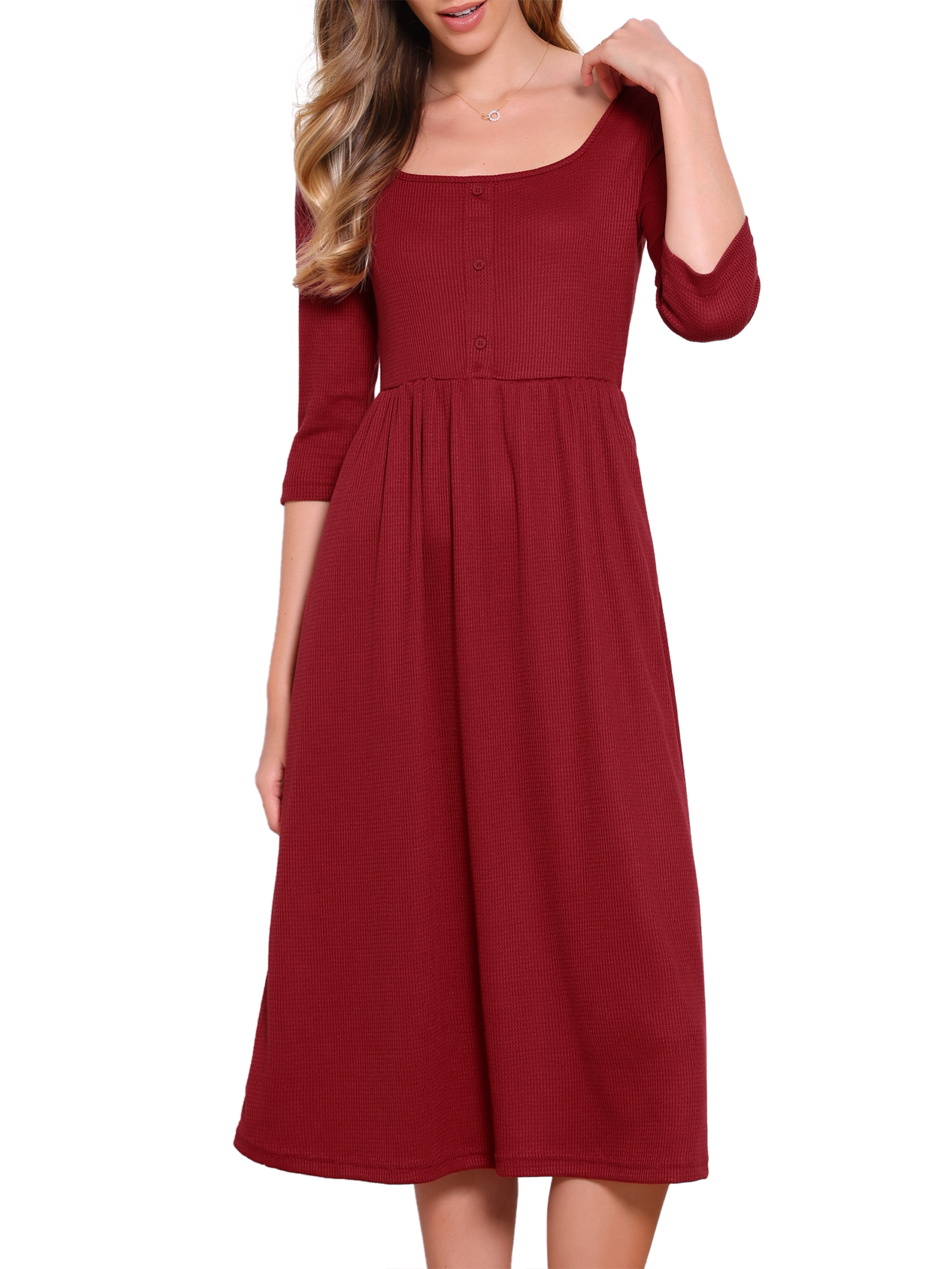DARING DIVA Women's Casual Midi 3/4 Sleeves Square Neckline Dress L Dark Red