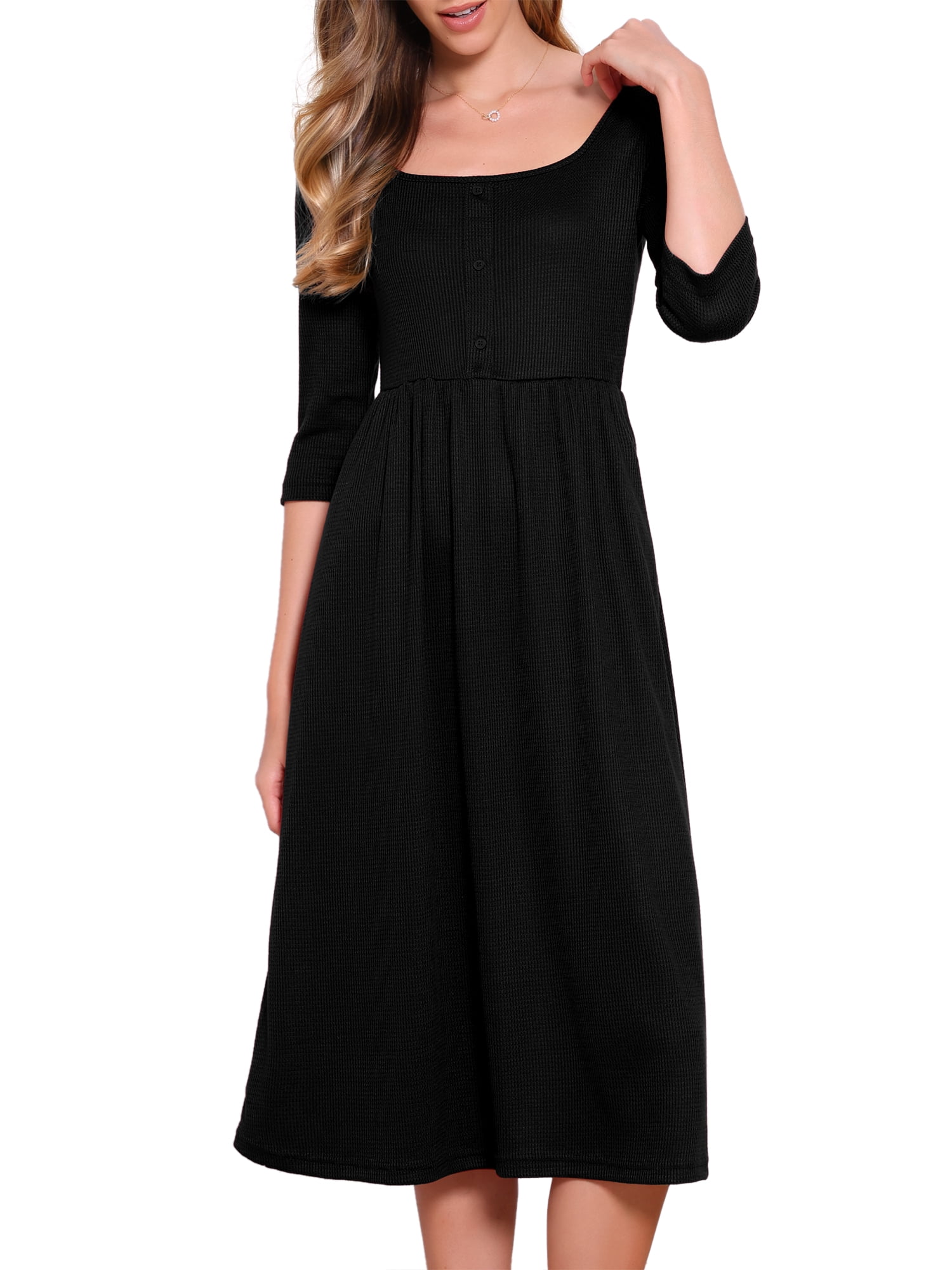 DARING DIVA Women's Casual Midi 3/4 Sleeves Square Neckline Dress S Black