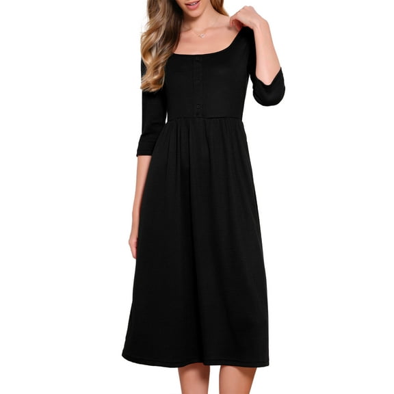 DARING DIVA Waffle Knitted 3/4 Sleeve Square Neck A Line Maxi Dress XS Black