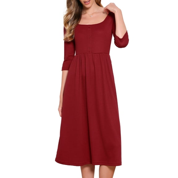 DARING DIVA Waffle Knitted 3/4 Sleeve Square Neck A Line Maxi Dress XS Dark Red