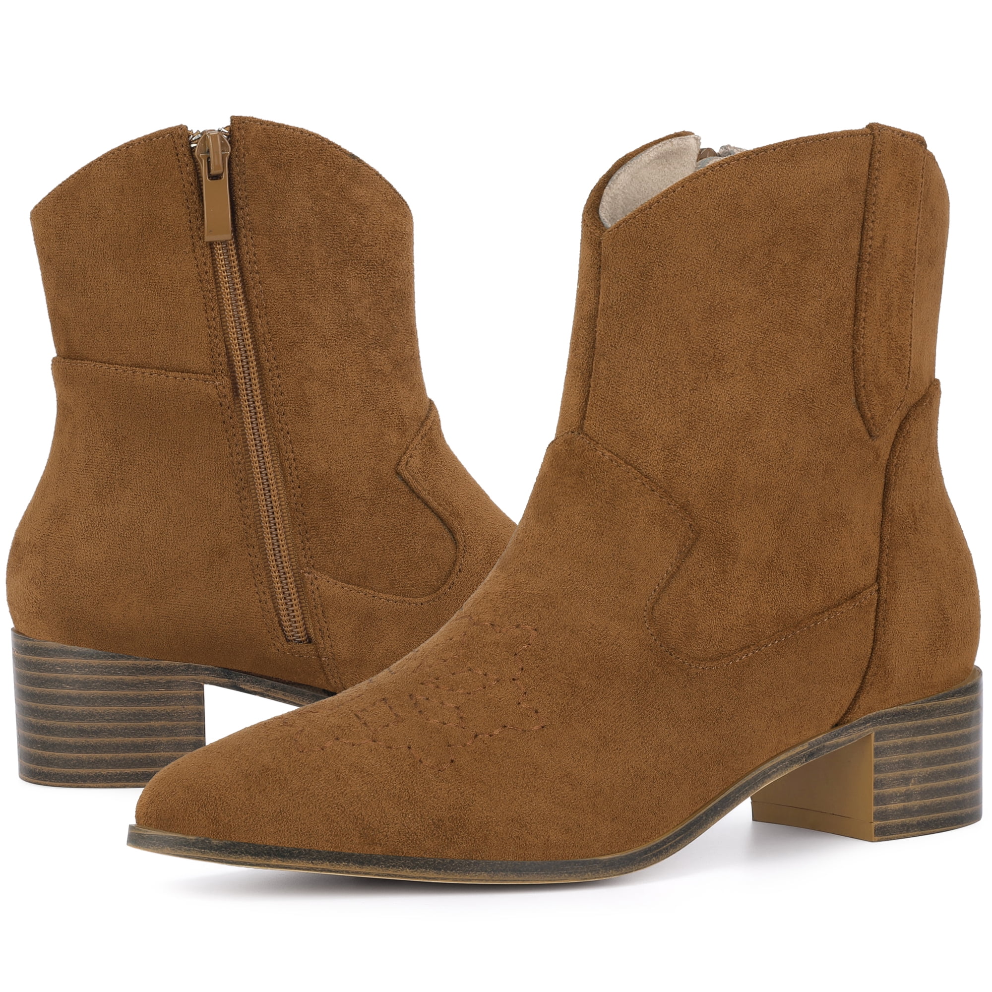 DARING DIVA Western Cowgirl Pointed Toe Chunky Heel Comfy Cowboy Ankle Boots Brown 8