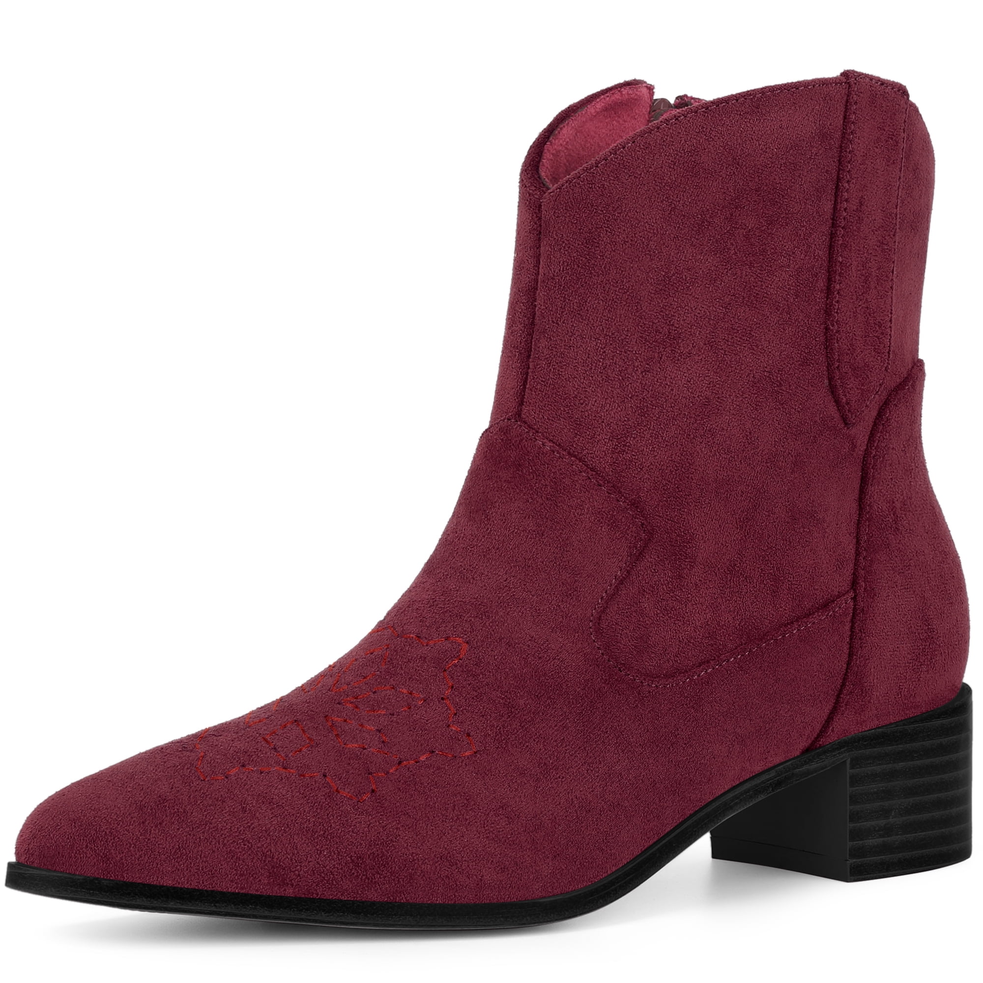 DARING DIVA Western Cowgirl Pointed Toe Chunky Heel Comfy Cowboy Ankle Boots Burgundy 8