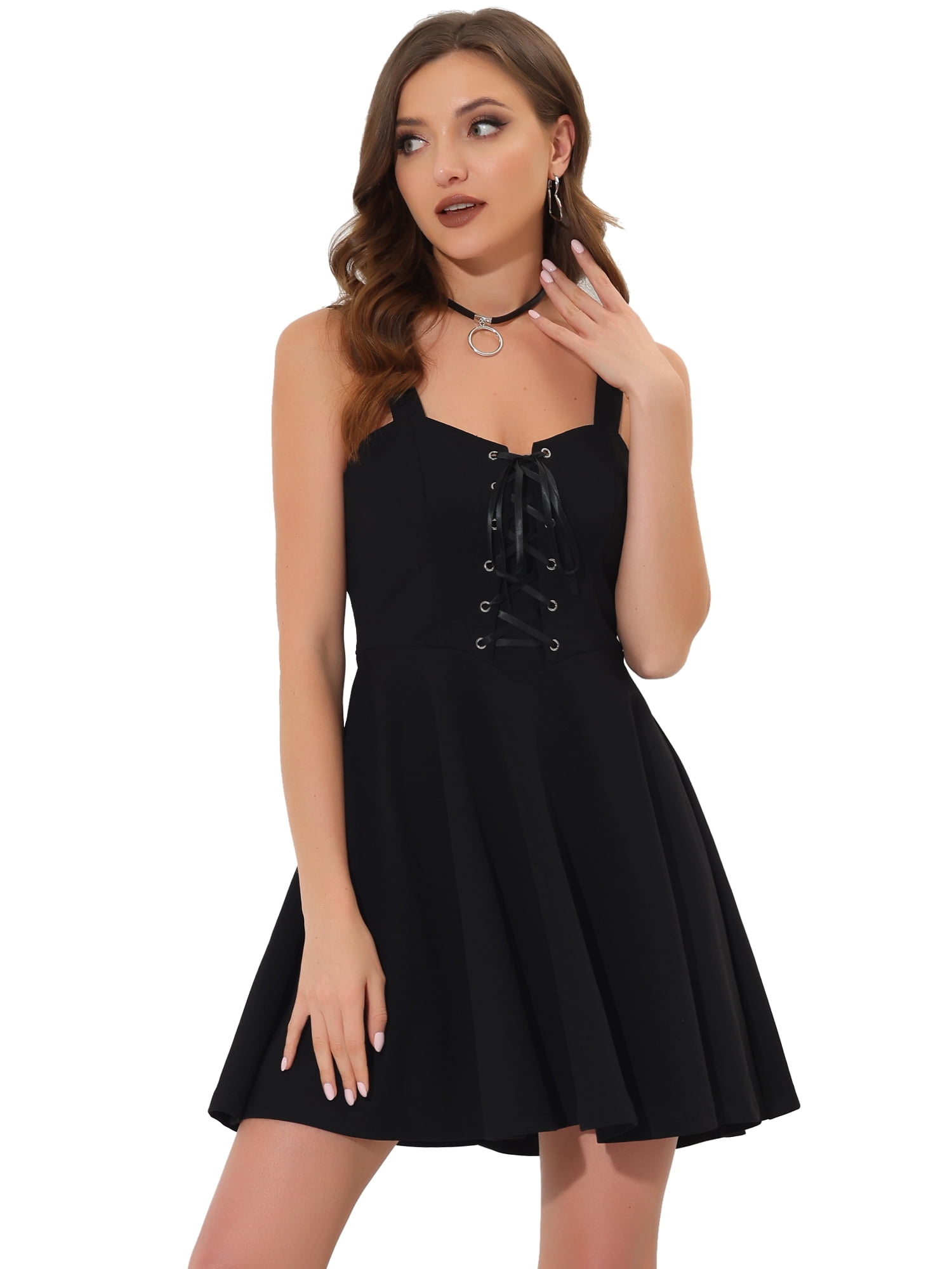 DARING DIVA Wide Strap Lace-up Sleeveless Cami Fit & Flare Dress L Black