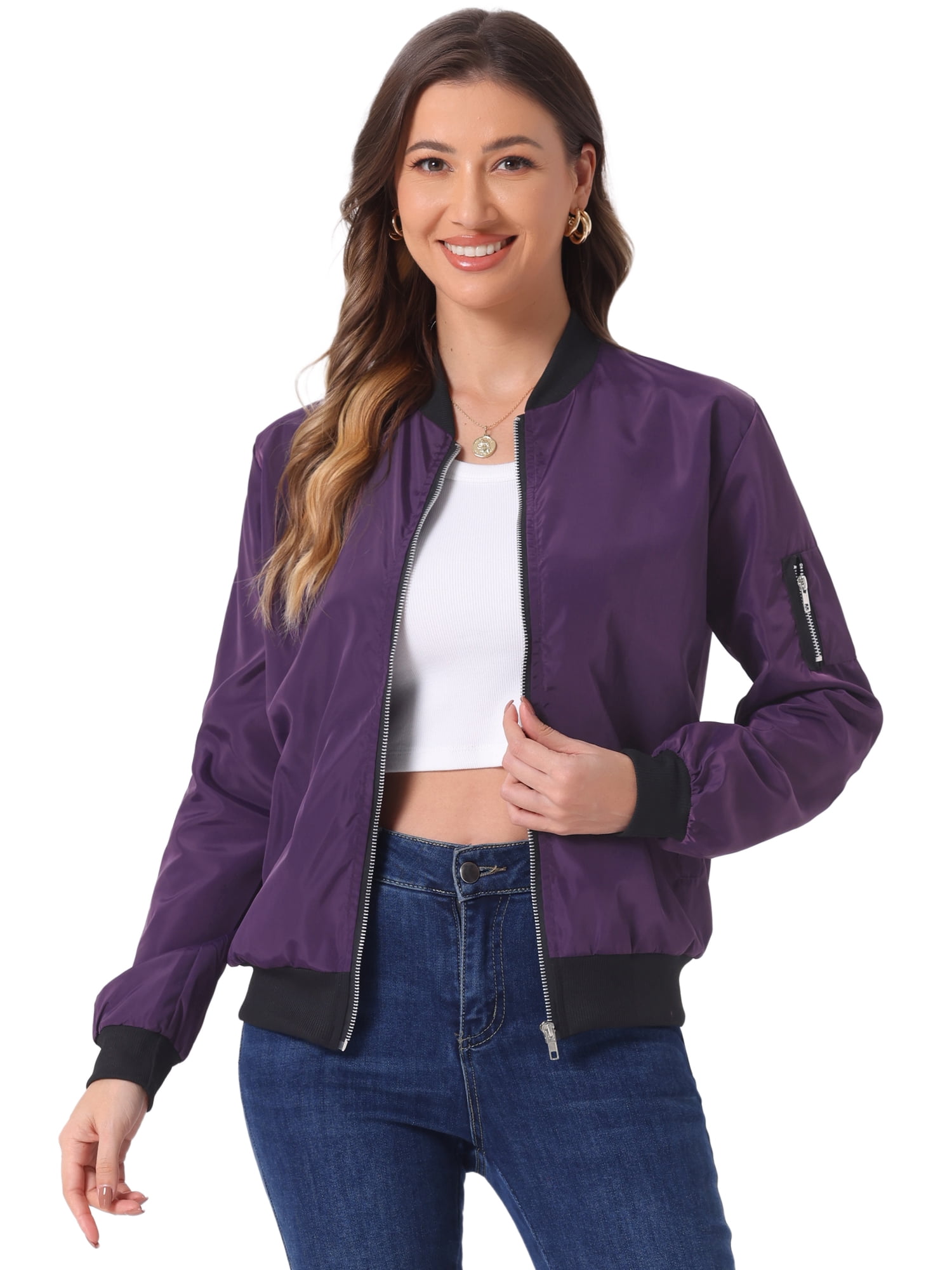 DARING DIVA Windbreaker Outerwear Casual Zip Up Bomber Jacket M Dark Purple