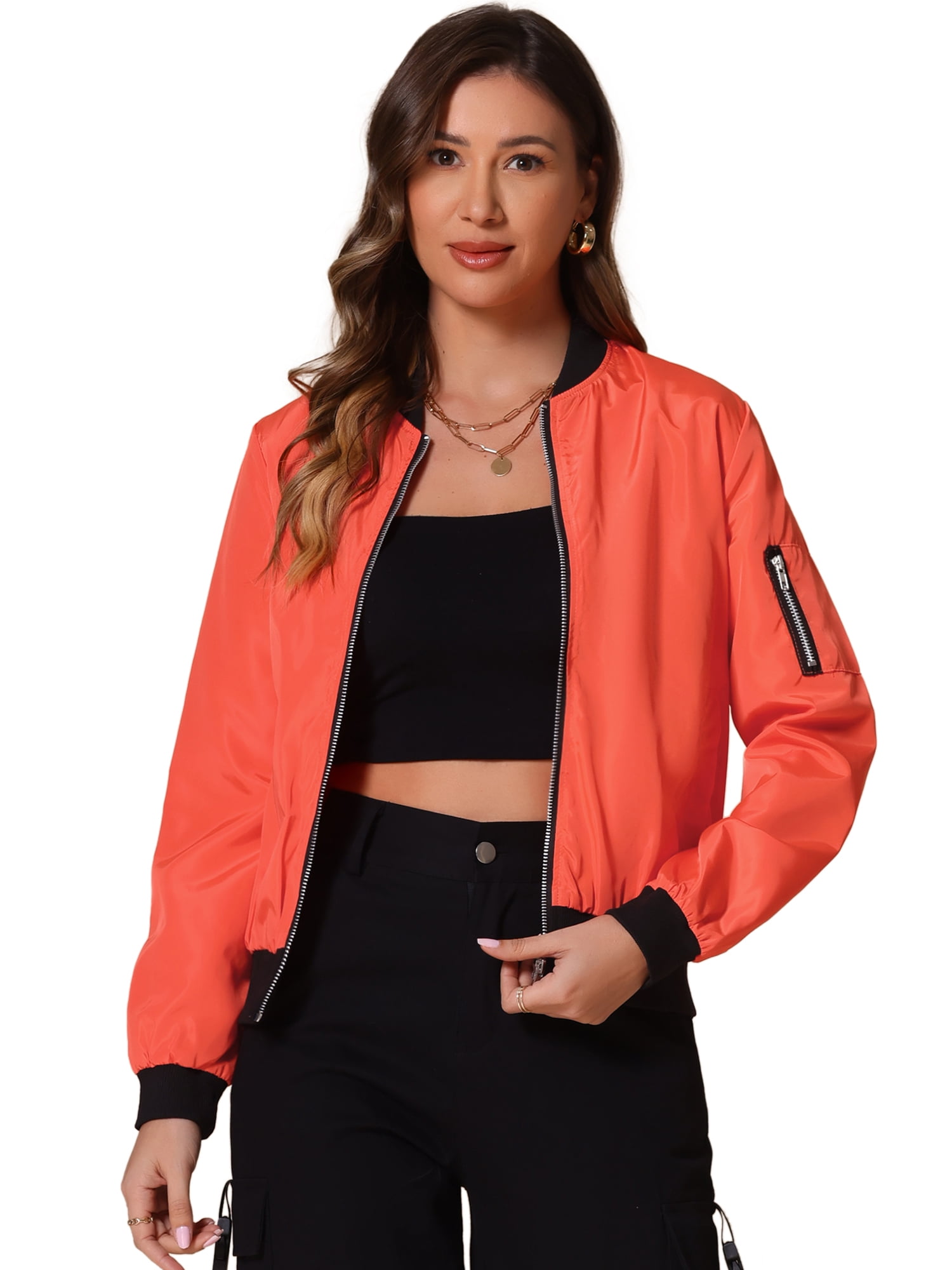 DARING DIVA Windbreaker Outerwear Casual Zip Up Bomber Jacket S Orange