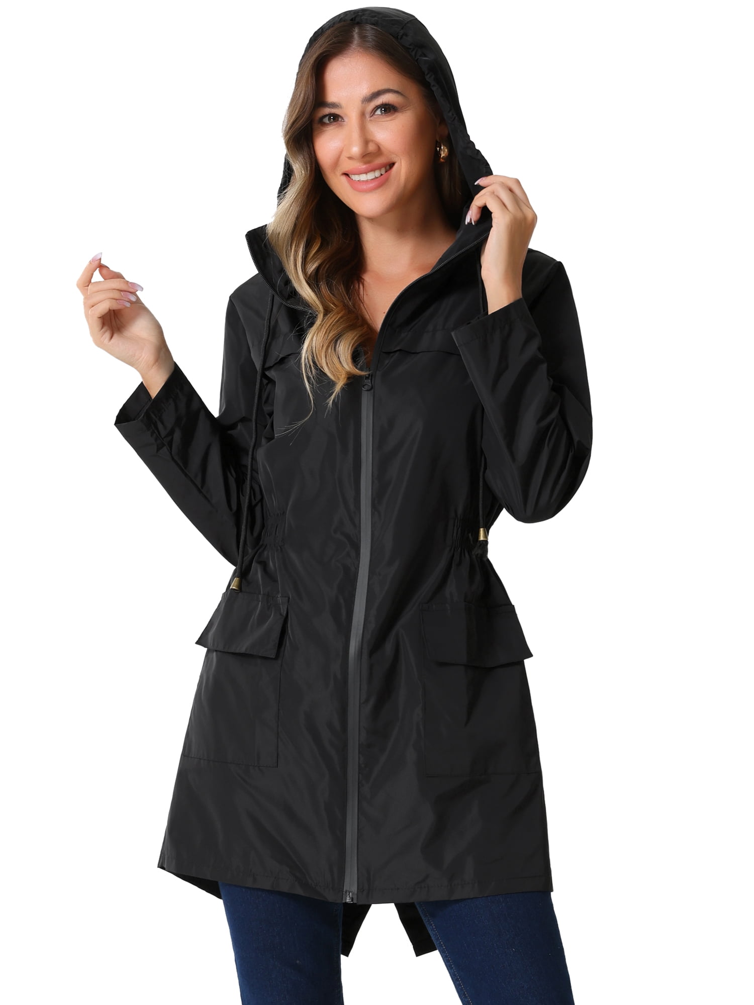 DARING DIVA Windbreaker Trench Coat Hooded Waterproof Jacket L Black