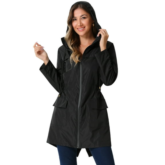 DARING DIVA Windbreaker Trench Coat Hooded Waterproof Jacket L Black