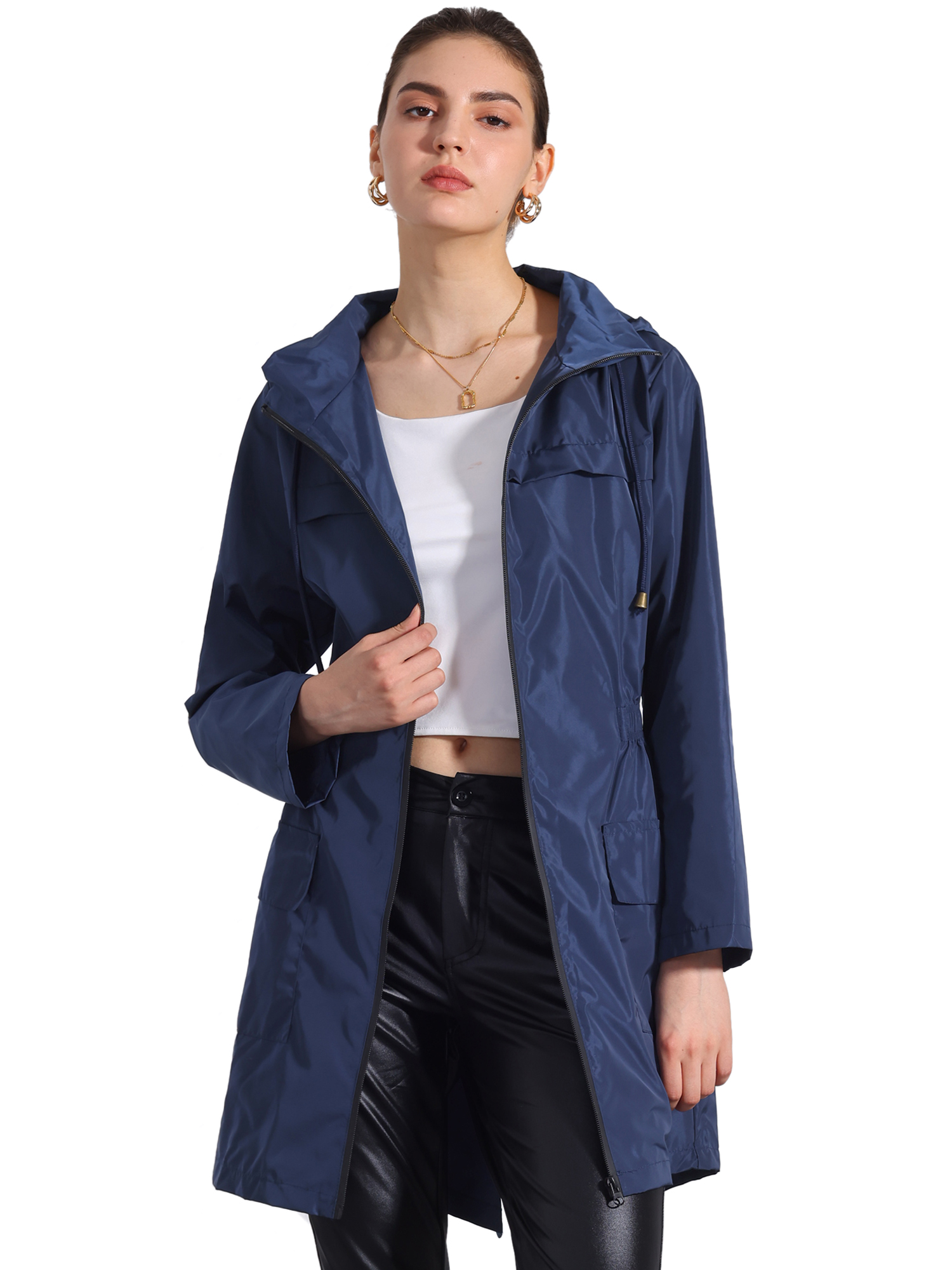 DARING DIVA Windbreaker Trench Coat Hooded Waterproof Jacket M Dark Blue